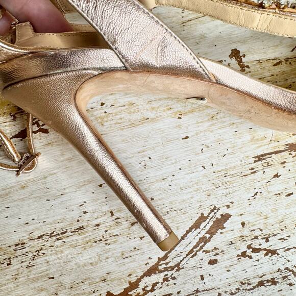 Badgley Mischka Gold Leather Rhinestone Embellished Strappy Pumps 6 - Picture 7 of 11